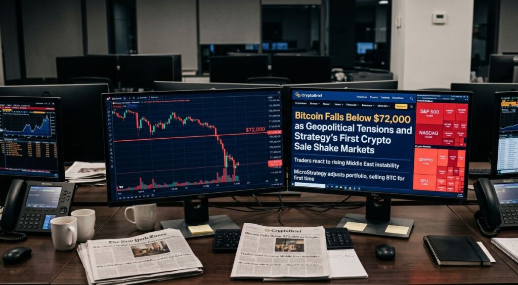 Bitcoin Falls Below $72,000 as Geopolitical Tensions and Strategy’s First Crypto Sale Shake Markets