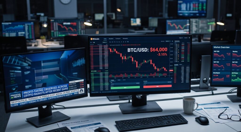 Bitcoin retreats to $64,000 as profit-taking and geopolitical tensions weigh on crypto markets
