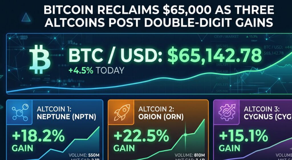 Bitcoin Reclaims $65,000 as Three Altcoins Post Double-Digit Gains